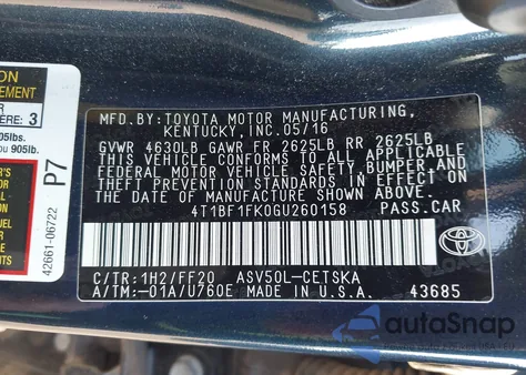 2016 Toyota Camry Le/Xle/Se/Xse z USA, uszkodzony, nr VIN 4T1BF1FK0GU260158